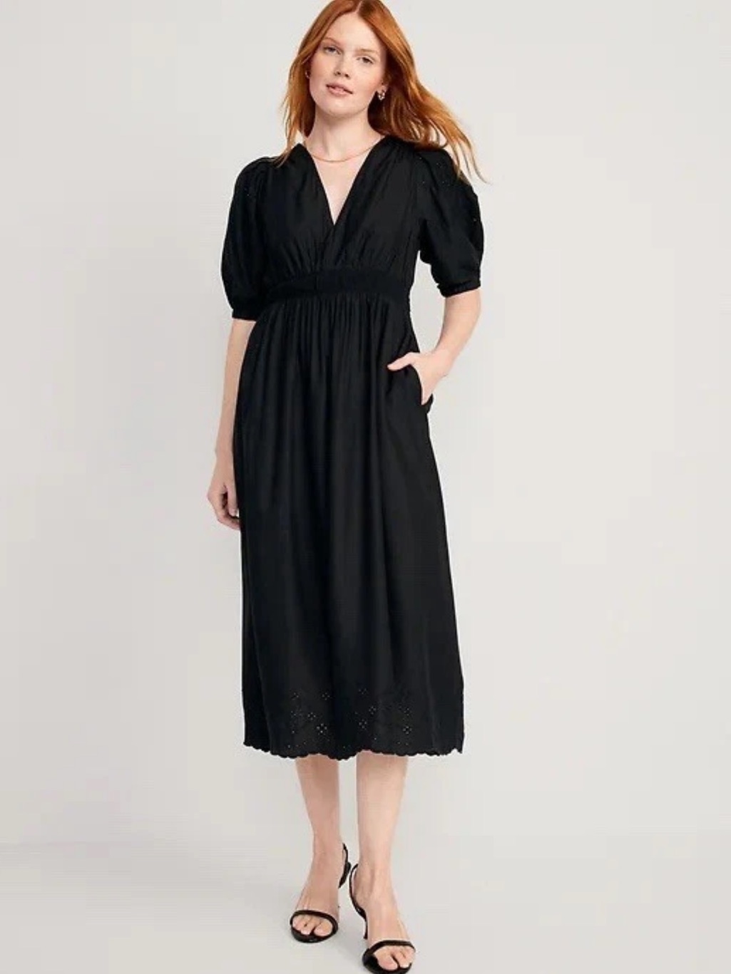 Old Navy Black V-Neck Midi Dress With Puff Sleeves